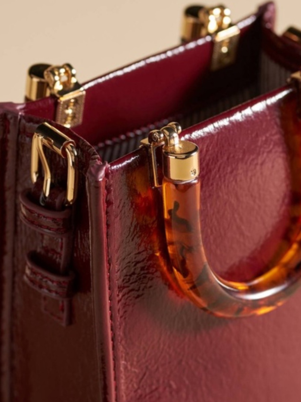 Anthropologie Patent Mini Tote in Burgundy with Tortoiseshell Handles - Picture 3 of 3